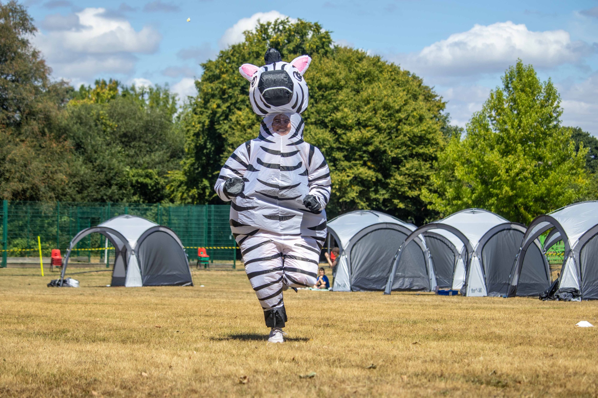 The teachers run their race in their colourful animal costumes