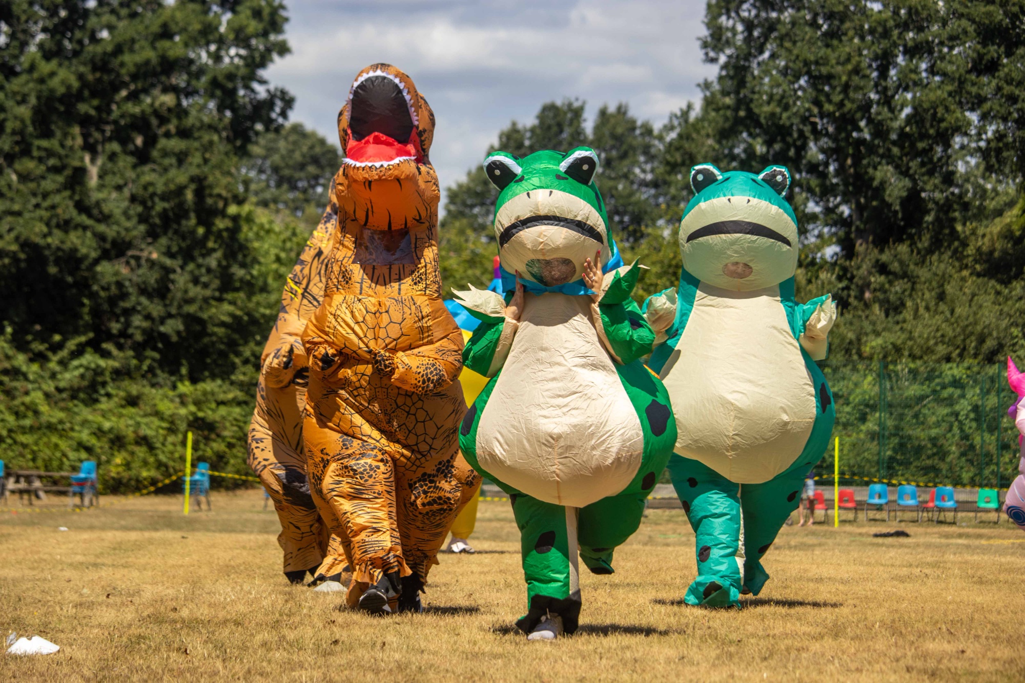 The teachers run their race in their colourful animal costumes